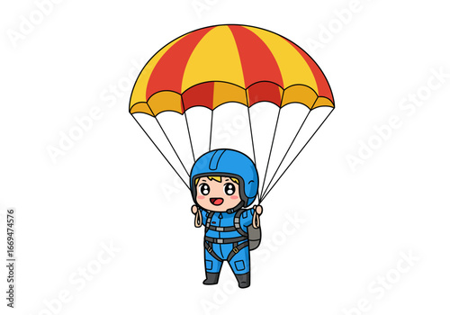 Chibi skydiver helmeted cute with red and yellow parachute above