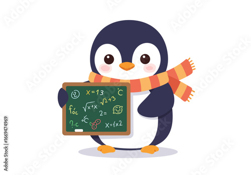 Penguin holding chalkboard math equations orange striped scarf