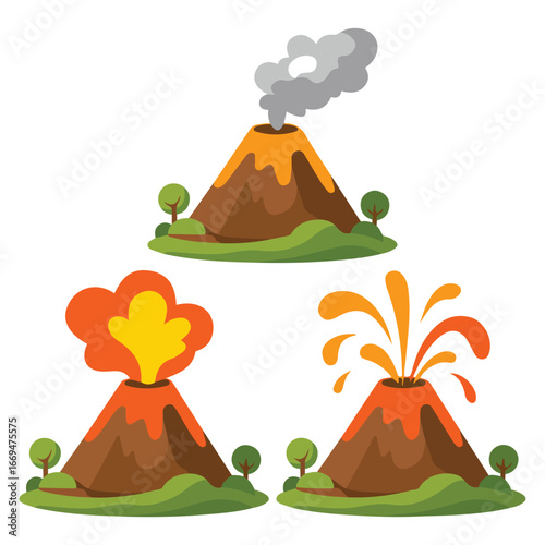 Set of volcano eruption illustrations isolated vector illustration on white background