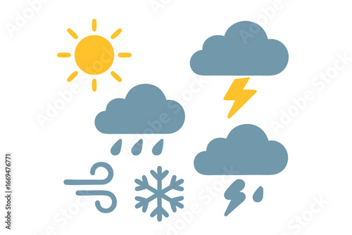 weather icons show sunny cloudy rainy snowy windy stormy conditions