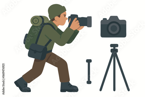 a photographer with backpack and camera equipment taking pictures on tripod outdoors
