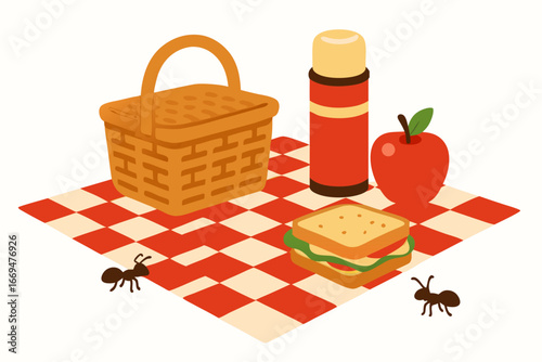 a red and white checkered picnic blanket with a wicker basket sandwich apple and thermos attracts ants in a sunny outdoor setting for a relaxing meal