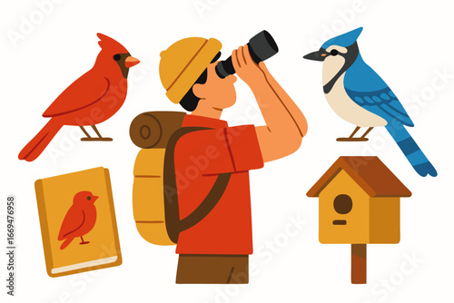 man with binoculars observes cardinal and blue jay birds near birdhouse and field guide in outdoor setting for wildlife watching and nature exploration