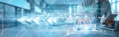 Digital strategist using a tablet analyzes digitization processes document scanning, automation system transformation paperless workflow efficiency integration innovation future-ready global solutions