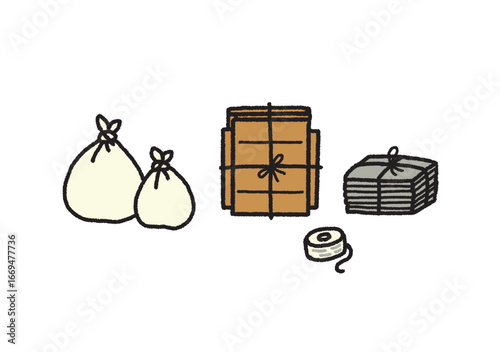 ゴミ袋　段ボール　新聞紙　セット　手描き　シンプル　掃除　イラスト　素材