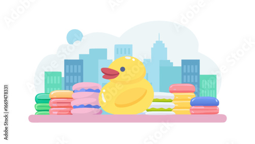 Adorable yellow rubber ducky guards a colorful stack of macarons against a stylized cityscape, perfect for children's books, playful designs, and whimsical advertisements