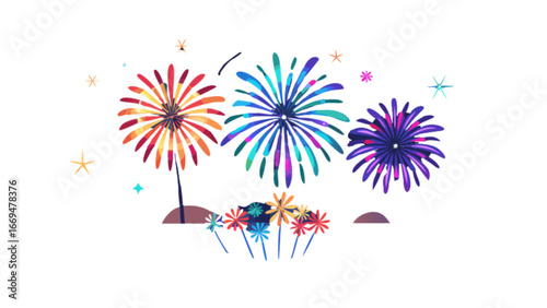 Vibrant fireworks exploding in celebration, a colorful display of joy and festivity perfect for holiday greetings, event announcements, and festive designs, originally a scalable graphic