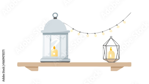 Warm glowing candles in lanterns and string lights create cozy atmosphere on shelf, perfect for home decor, relaxation, and festive celebrations, adding a touch of serene ambiance