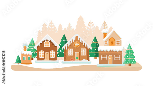 Enchanting gingerbread village illustration evokes cozy winter holiday memories, perfect for festive designs, cards, and holiday promotions with a touch of sweet charm