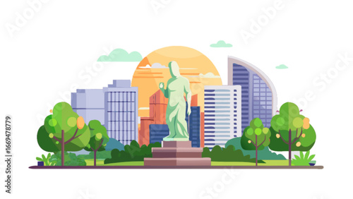 Serene city park illustration featuring a statue, surrounded by lush greenery and modern architecture perfect for urban planning and tourism promotional materials originally made as vector graphics