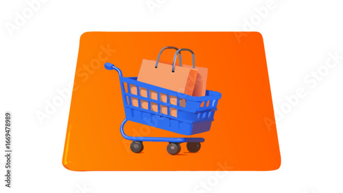 Stylish blue shopping cart filled with bags, perfect for e-commerce promotions and retail advertising, capturing the joy of online shopping and vibrant consumerism, originally a scalable graphic