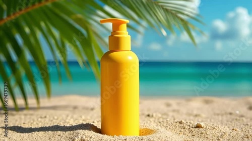A yellow sunscreen bottle stands on sandy beach. In the background, a clear blue ocean and palm leaves are visible under a bright sky.