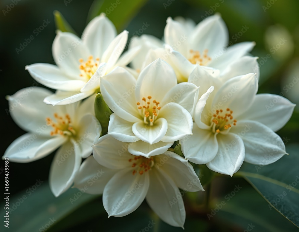 Obraz premium Closeup of white jasmine flowers blooming. Delicate petals, yellow stamen. Soft green background. Pure, serene, fresh botanical beauty. Ideal for spring or summer garden themes. Delicate floral.