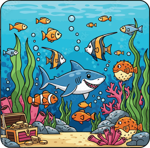 create Cartoon marine life. Sea world animal, underwater fish plants objects. Ocean wild fauna shark, flat aquarium decent vector characters. Illustration underwater marine aquarium with seaweed 