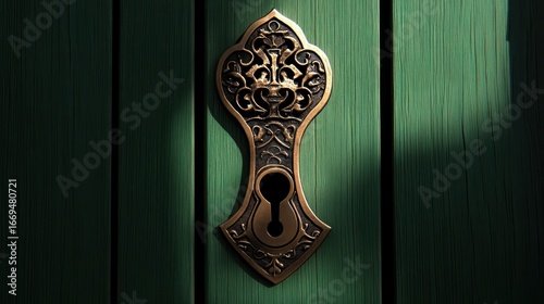 Intricate Victorian keyhole escutcheon on a weathered green wooden door panel