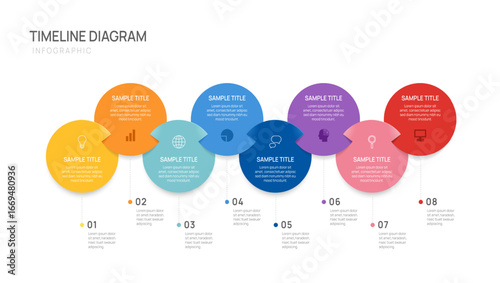 Business infographic timeline design template 8 Steps. Business milestone and strategy presentation. Vector illustration.