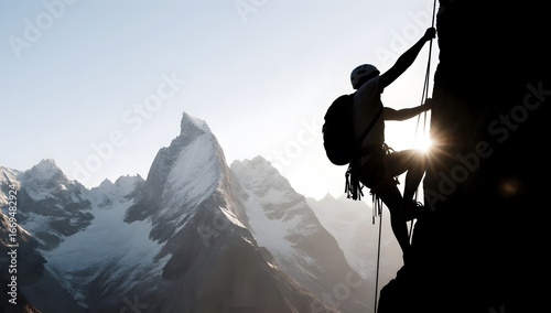 Silhouette of a climber ascending a mountain peak during sunrise.