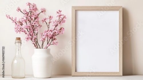 A spring-themed card or picture frame with pink orchid flowers in a pot on a white wooden table. Simple, modern Scandinavian style for home decor.
