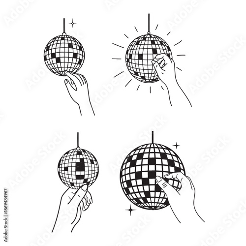 hand holding disco ball vector icons set