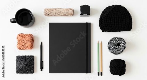 Creative workspace with knitting yarn and journal on white surface