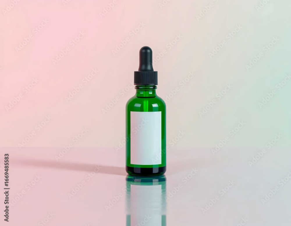 Fototapeta premium Green glass bottle with dropper on pastel gradient background, ideal for cosmetic, skincare, or pharmaceutical product presentation