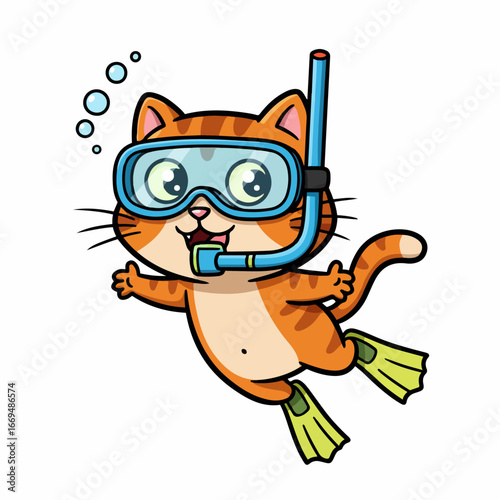 snorkeling cat with white background happy face