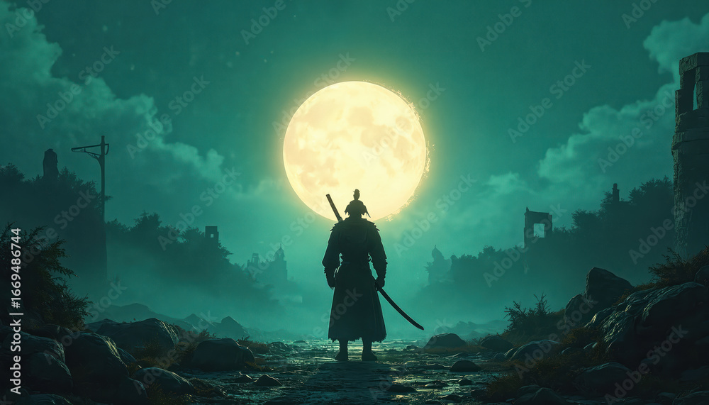 Naklejka premium Mystical illustration of lone samurai warrior with katana ready for battle under luminous full moon. Foggy, mountainous Japanese landscape with ancient ruins, bamboo forest evoke sense of adventure,