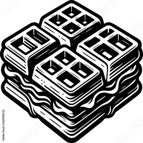 Waffle Sandwich Illustration: An enticing close-up monochrome illustration of a waffle sandwich, featuring perfectly stacked layers of golden waffles and a generous filling.