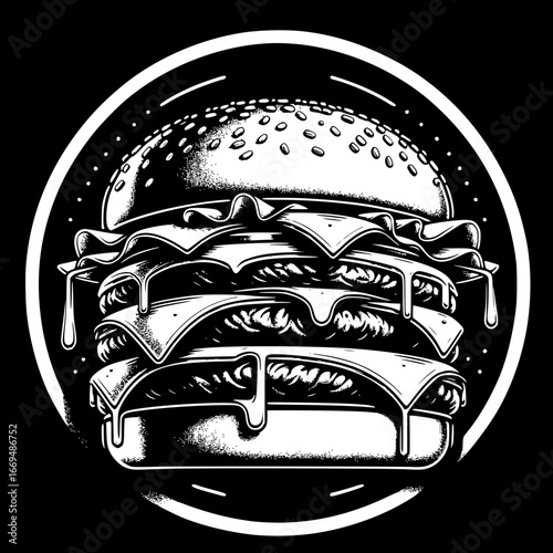 Delicious Burger Illustration: A tempting black and white illustration showcasing a large, multi-layered burger, dripping with cheese, designed for food enthusiasts.