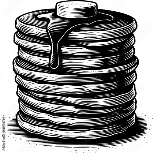 Pancake Stack with Syrup: A stack of fluffy pancakes, drizzled with syrup and topped with a pat of butter, evoking the simple pleasures of a classic breakfast.