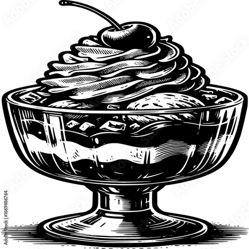 Ice Cream Sundae Illustration: A delectable ice cream sundae in a glass bowl, featuring layers of ice cream, rich sauce, and fluffy whipped cream, all topped with a perfectly placed cherry.