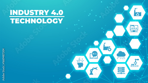 Smart Industry 4.0 concept. Factory automation. Autonomous industrial technology. Industrial revolutions steps. Vector illustration.