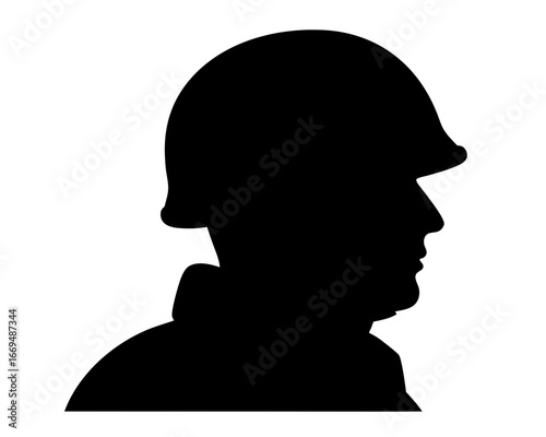 Silhouette of Soldier Wearing a Helmet in Profile View Black and White