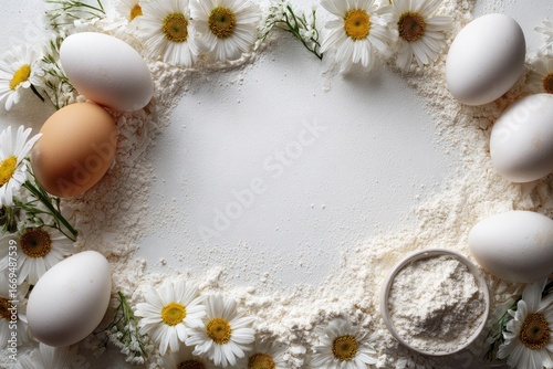 White flour dusted frame with eggs and daisies
