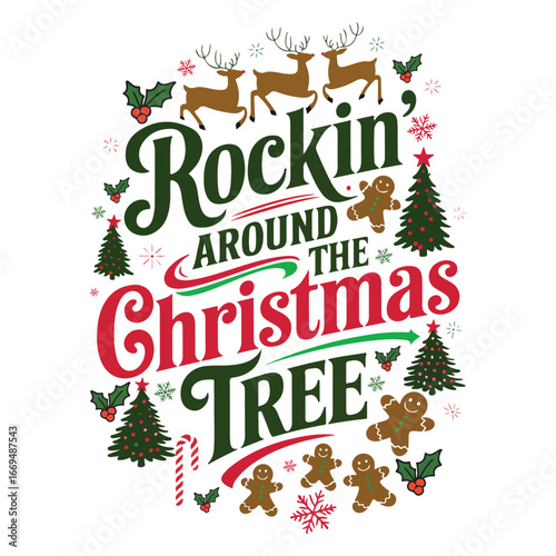 Rockin Around the Christmas Tree - Retro christmas magic T-shirt, merry christmas clipart, wizard christmas shirt, funny santa claus illustration, xmas vintage shirt
