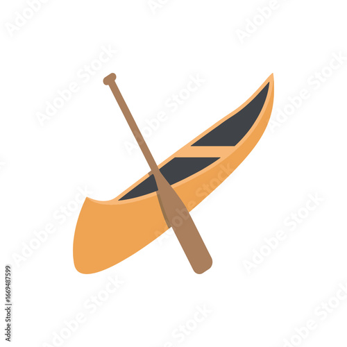 Canoe with Paddle Vector.  Outdoor Adventure Rowing, Camping River Boat Illustration