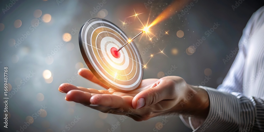 Fototapeta premium A hand holds a glowing target with an arrow hitting the bullseye, symbolizing success and achievement in business and strategy.