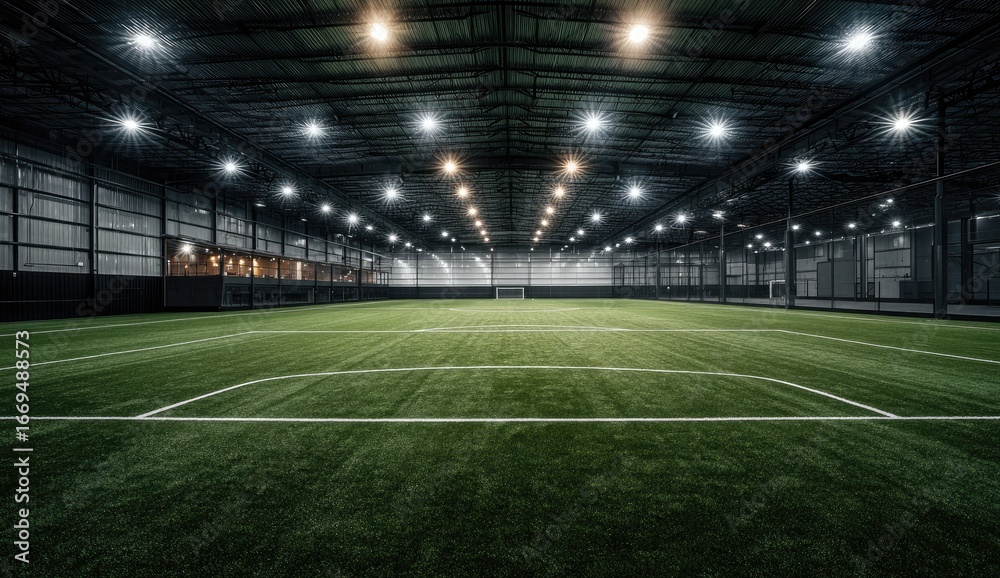 Fototapeta premium Indoor soccer field, illuminated