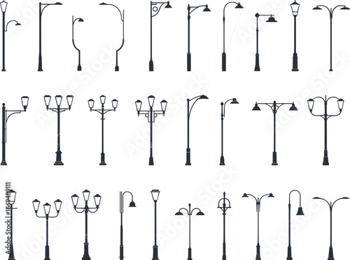 Set of various street lamp silhouettes, different styles and heights, urban lighting design, vintage and modern, isolated vector icons, black streetlights collection.