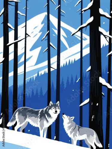 wolves in the snow forest Illustrator Artwork design template poster
