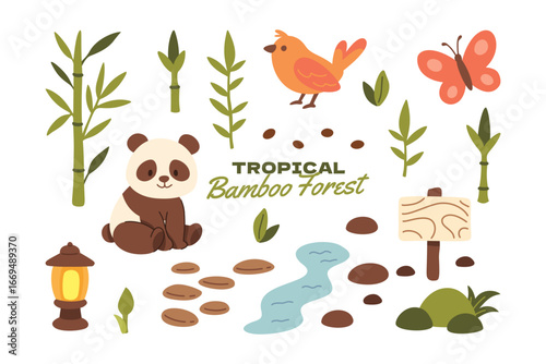 Panda, Bamboo, Bird, Butterfly, Plants, Stream, Lantern, Signboard, Leaves, Stones flat colorful icons set. Topical bamboo forest cartoon element design collection. Vector illustration.