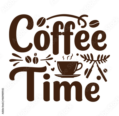 Delicious coffee time typography design featuring coffee cup and roasted beans elements