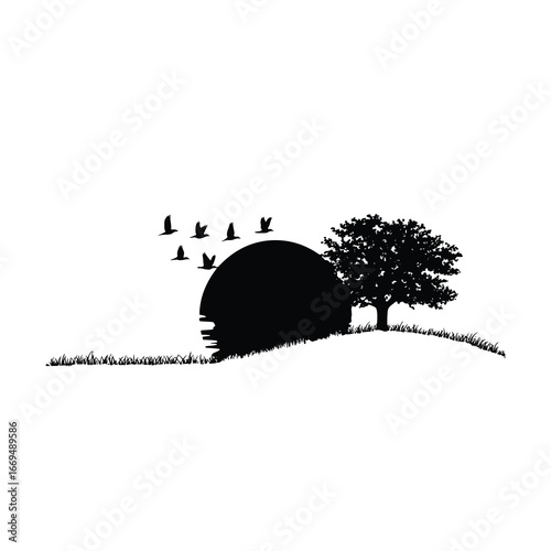 Tree Silhouette with Flying Birds on a Plain Background

