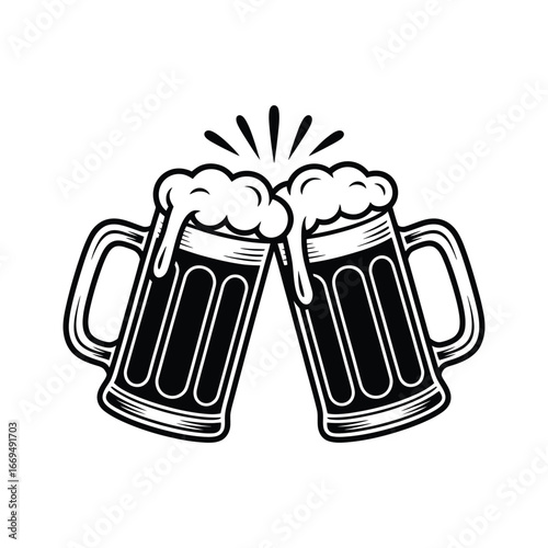 Cheers to the Brew: An illustration of two beer mugs clinking together in a celebratory toast, brimming with frothy, creamy beer, offering a crisp and classic beverage