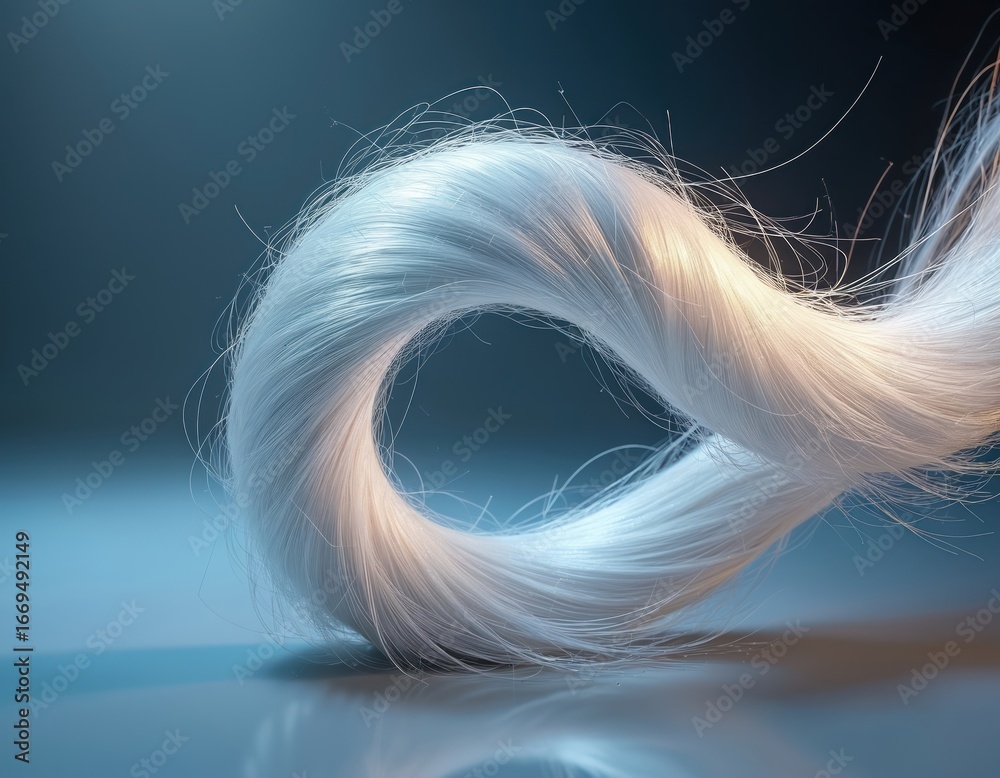 Fototapeta premium Close-up shot captures delicate loop of fine white fibers against soft blue background. Synthetic material, resembling fine hair thread, shows subtle light reflection, texture. Appears clean, pure,