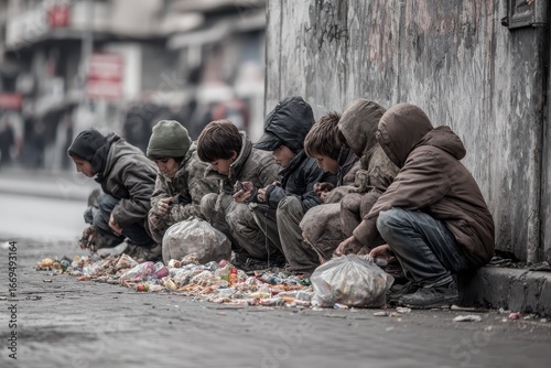Group of homeless street children collecting garbage on a city street in the early morning light, searching for recyclables and any items of value