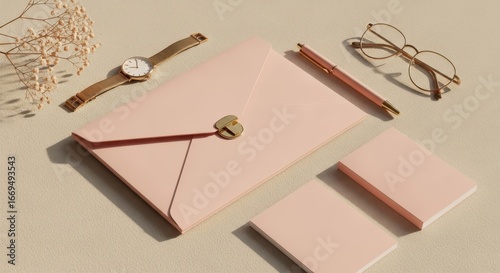 Wallpaper Mural Pink stationery set with gold accents, on a beige background, flat lay style with natural light, branding and mockup concept Torontodigital.ca