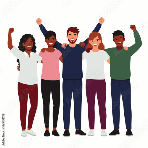 A diverse group of five happy friends stands together, arms around each other, celebrating success and demonstrating strong unity and support.