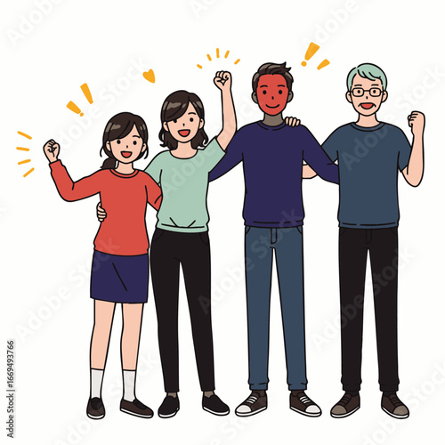 A diverse group of happy individuals from various backgrounds stands together, celebrating their strong bond and collective spirit with joyful enthusiasm.