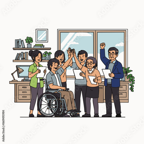 An inclusive and diverse team, featuring a person in a wheelchair, joyfully celebrates a shared achievement with enthusiastic high-fives in a modern office.